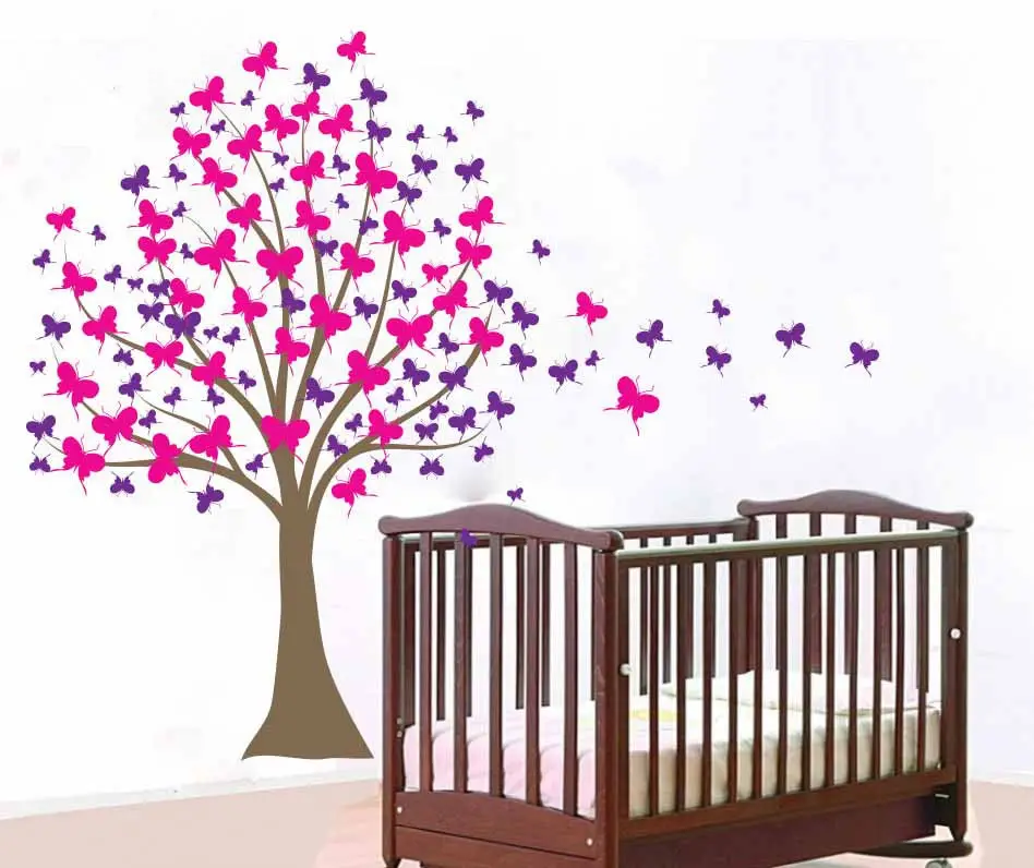 

Baby Girl Nursery Tree Wall Sticker Large Tree Vinyl Wall Decals Kids Room DIY Tree Sticker with Butterflies Mural Vinilos D806