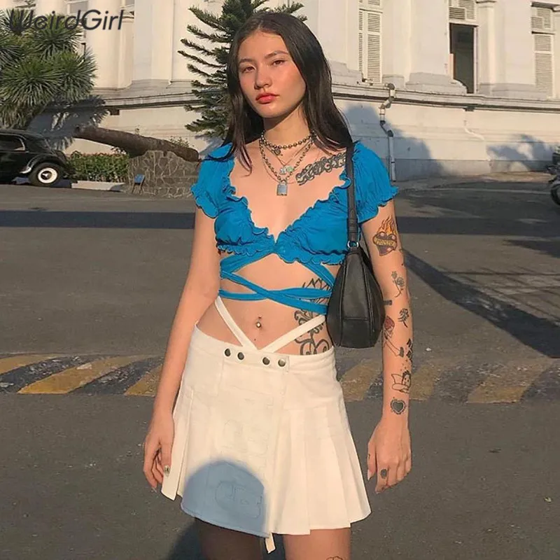 Weirdgirl женские сексуальные модные юбки однотонные свободные бандажные летние крутые мини-юбки женские свободные уличные офисные Элегантные Новые - Цвет: Белый