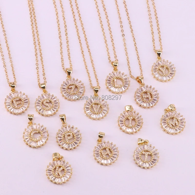 

10Pcs chic round shape mirco pave cz charm letter Pendant necklace