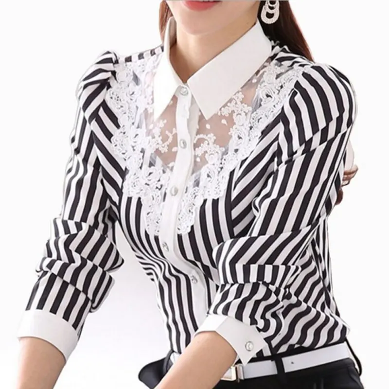 

Fashion Women Blouse Long Sleeve Lace Tops Striped Turn-Down Collar Blouses Official Female Formal Shirt Spring Autumn