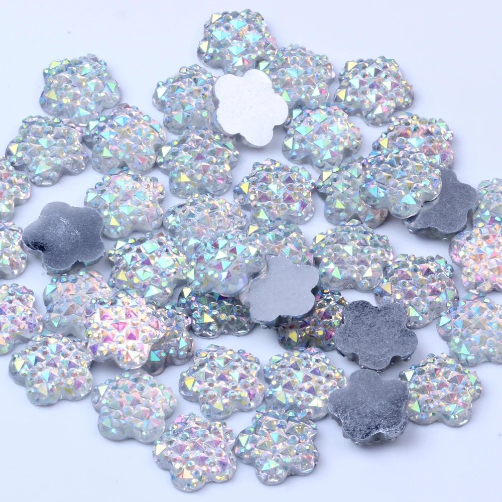 

high quality 12mm 14mm plum blossom shaped crystal AB shape resin stone on resin flatback beads free shipping