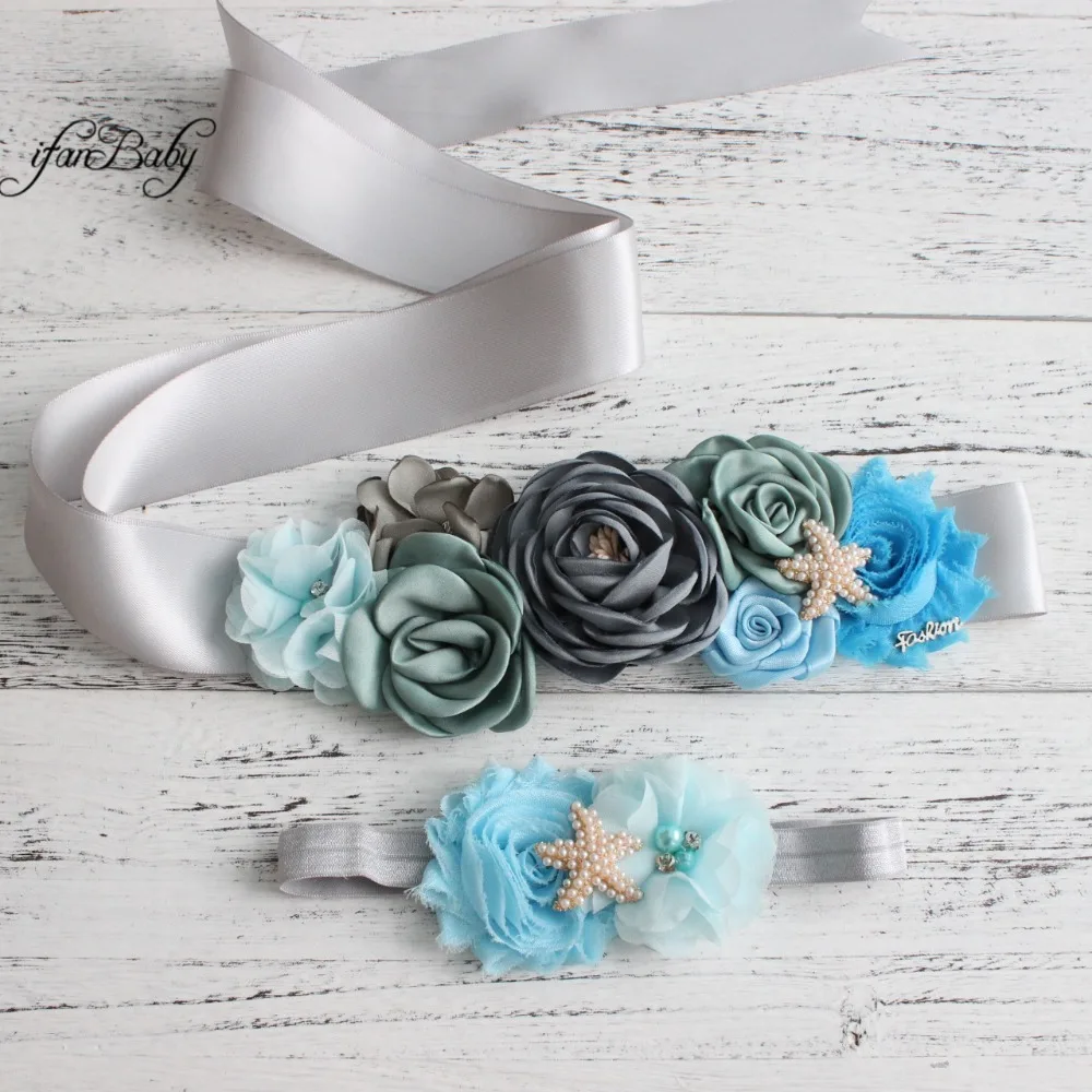 Blue Grey sash belt Beach Flower Sash for Bridal wedding with rhinestone flower headband Maternity female | Аксессуары для одежды