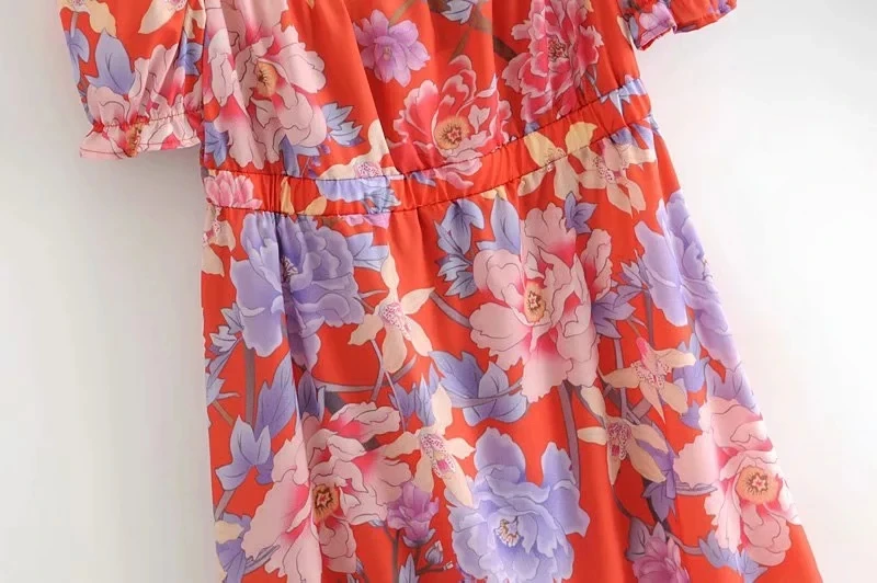 Vintage Chic Floral Print Buttons Maxi Dress Women Fashion Square Collar Short Sleeve Pleated Dresses Casual Vestidos Mujer