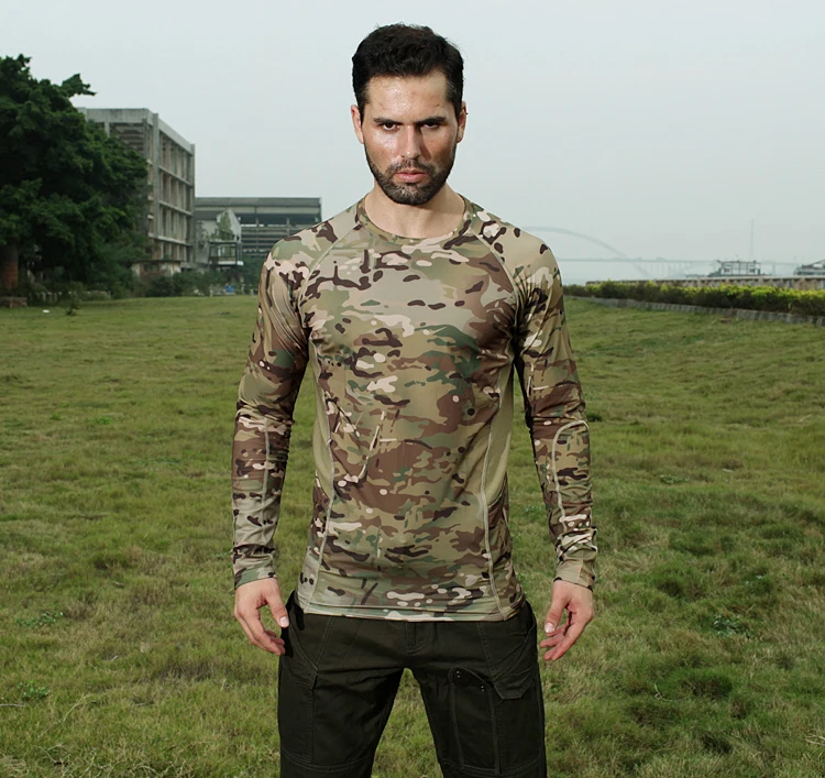 Новые камуфляжные Сетчатые эластичные футболки Quickdry с круглым вырезом и длинным