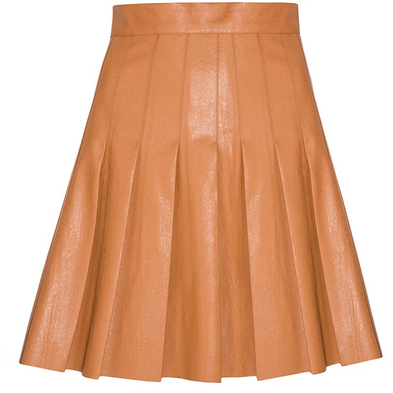 HYH HAOYIHUI Apparel Khaki Ruched Preppy Mini Casual Loose Leather Skirt Women Bottom Spring PU Basic Pleated Elegant | Женская одежда