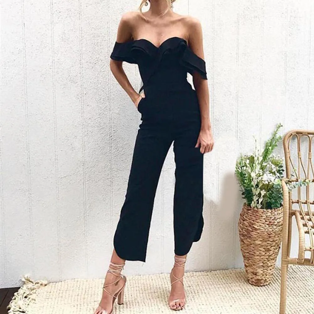 Vintage Mid Waist Jumpsuit Women 2019 Spring Ladies Chic Ruffle Trim Sleeveless Solid Color Jumpsuits Female Simple Black/White | Женская