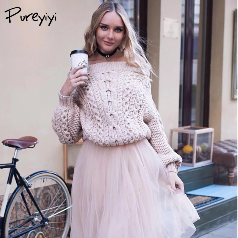 Pureyiyi Winter blue knitted sweater women 2017 Autumn hollow out white pullover Sexy long sleeve off shoulder | Женская одежда