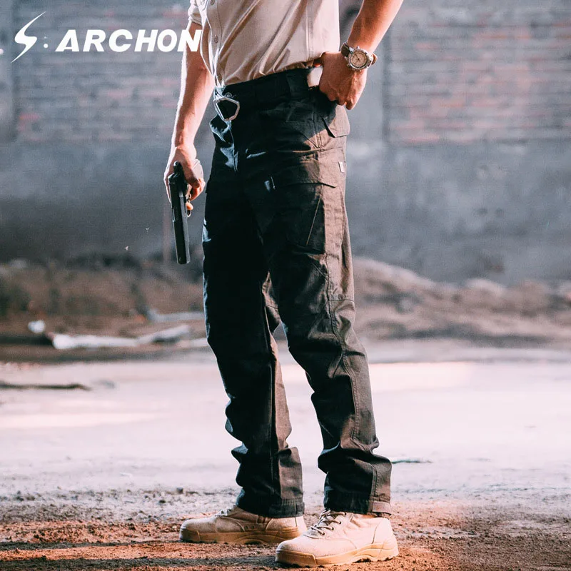 S. ARCHON M3 хлопковые водонепроницаемые армейские брюки-карго мужские повседневные с большим карманом дышащие военные брюки с эластичным поясом тактические брюки - Цвет: Black
