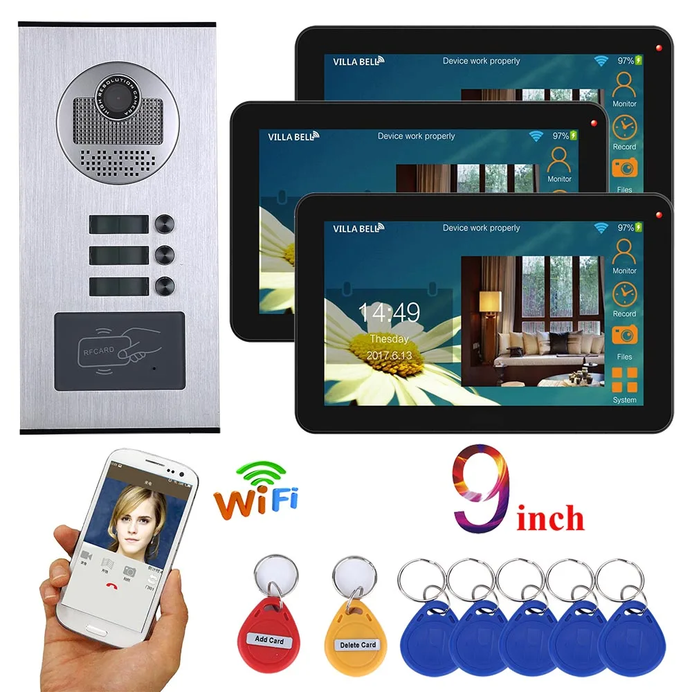 

MOUNTAINONE 9 inch Wired Wifi 3 apartment video door phone intercom system RFID IR-CUT HD 1000TVL camera doorbell camera
