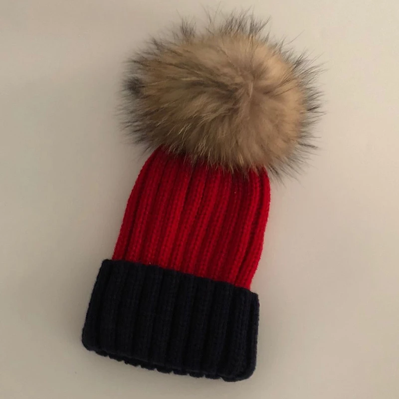Black and Red Повседневная Новинка, настоящие помпоны из лисьего меха, 15 см, Skullies Beanies, шапки для детей, зимняя шапка для девочек, одноцветная шерстяная хлопковая шапка Skullies Beanies - Цвет: Black and Red