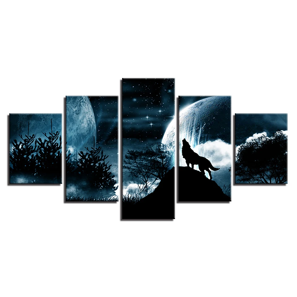 Модульная холст печатные изображения HD Wall Art 5 шт. ночь полнолуния волк рев живопись лесных животных звездное небо плакат домашний декор