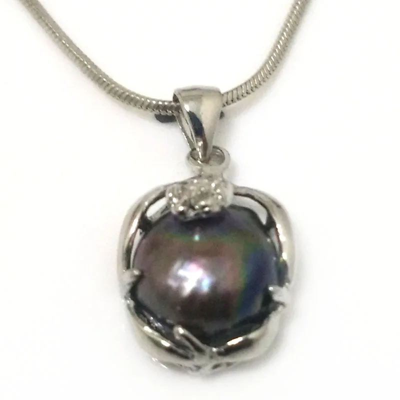 

18 inches 14-15mm Black Natural Baroque Pearl 925 Sterling Silver Pendent Necklace