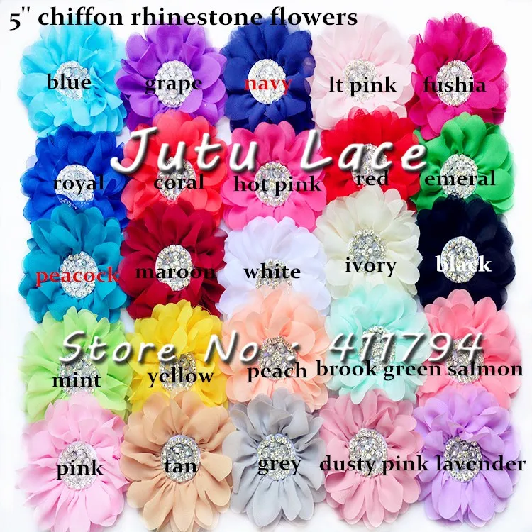 60 pcs/lot , 5'' big shabby chiffon flower with rhinestone for headwear apparel fashion accessories 25 colors