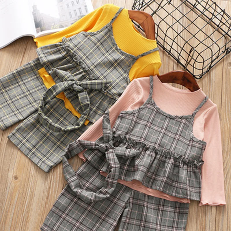 

Fashion Children Girls Clothing Sets British Style Baby Girl Plaid Strap Top+trousers 3pcs Kids Plaid Wide Leg Pants Autumn Sets