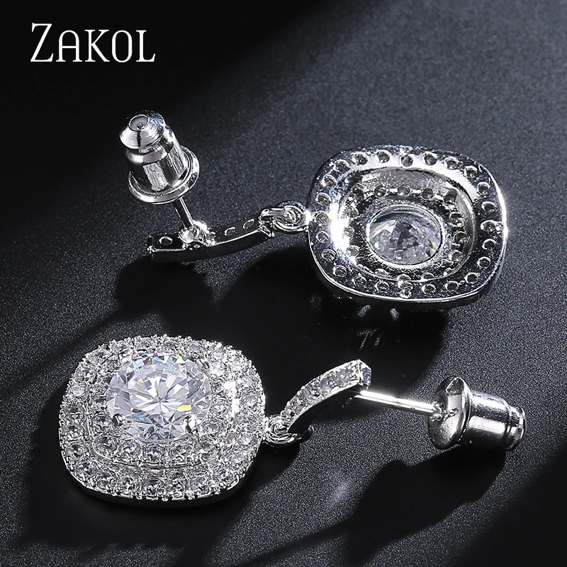 ZAKOL Classic White Color Square Shape Zirconia Crystal Earrings Necklace Set For Women Trendy Bridal Wedding Jewelry FSSP262