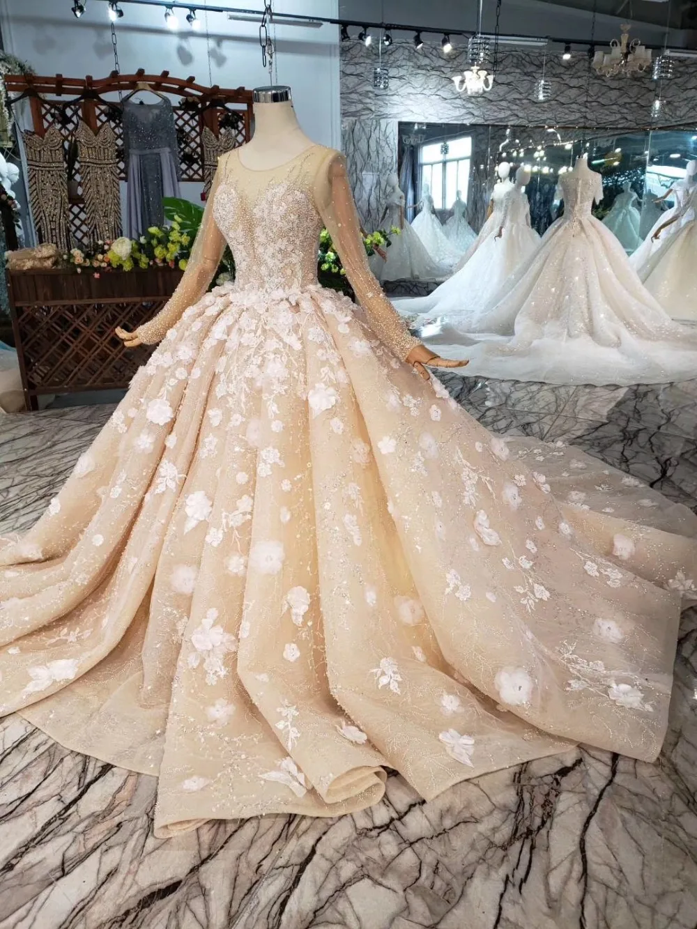 CloverBridal 2019 новый дизайн жемчуг стразы Цветы бальное платье цвета шампанского