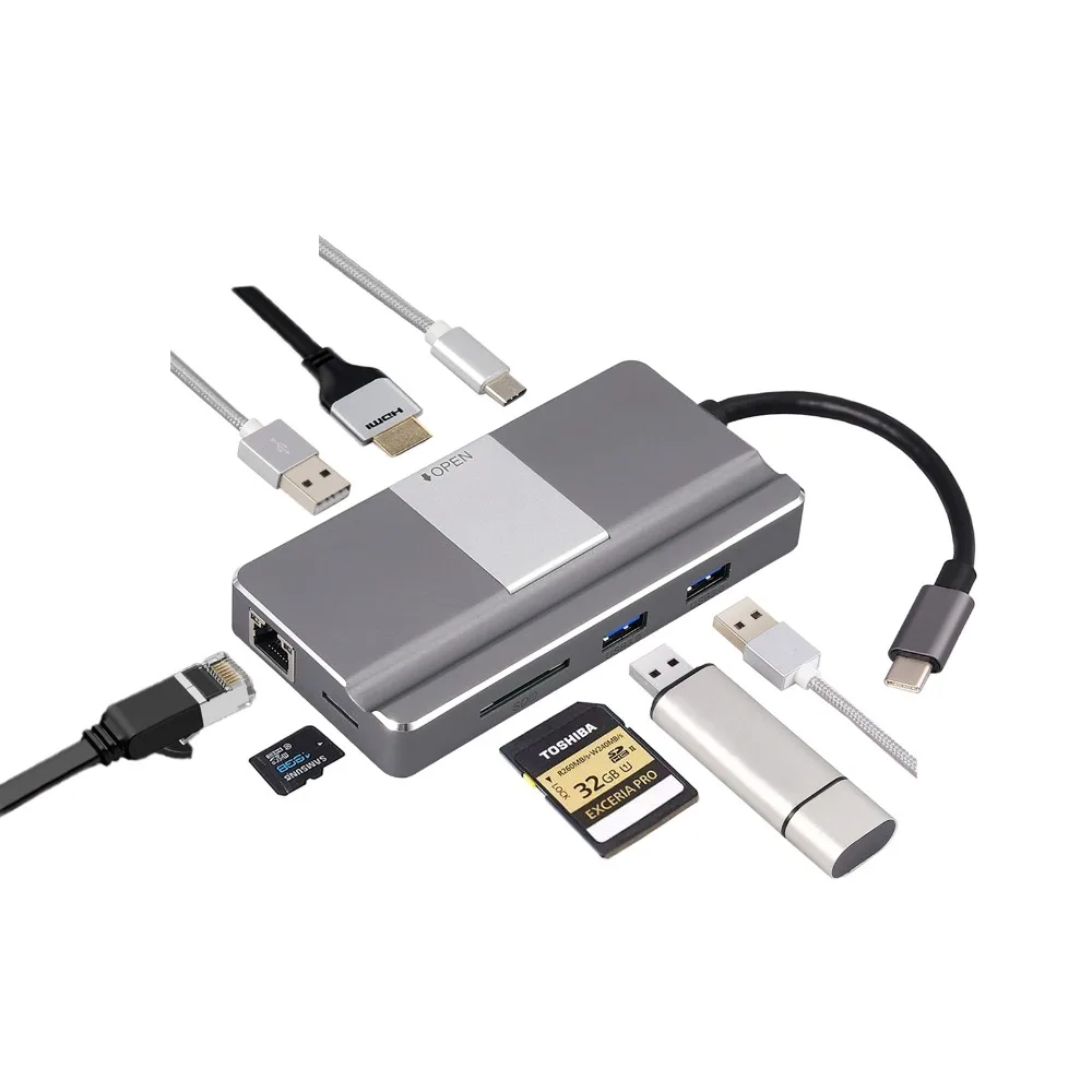 Концентратор eSYNiC 8 в 1 Type-C с портом Ethernet 4K USB C порт HDMI SD/TF картридер для Mac Pro и других