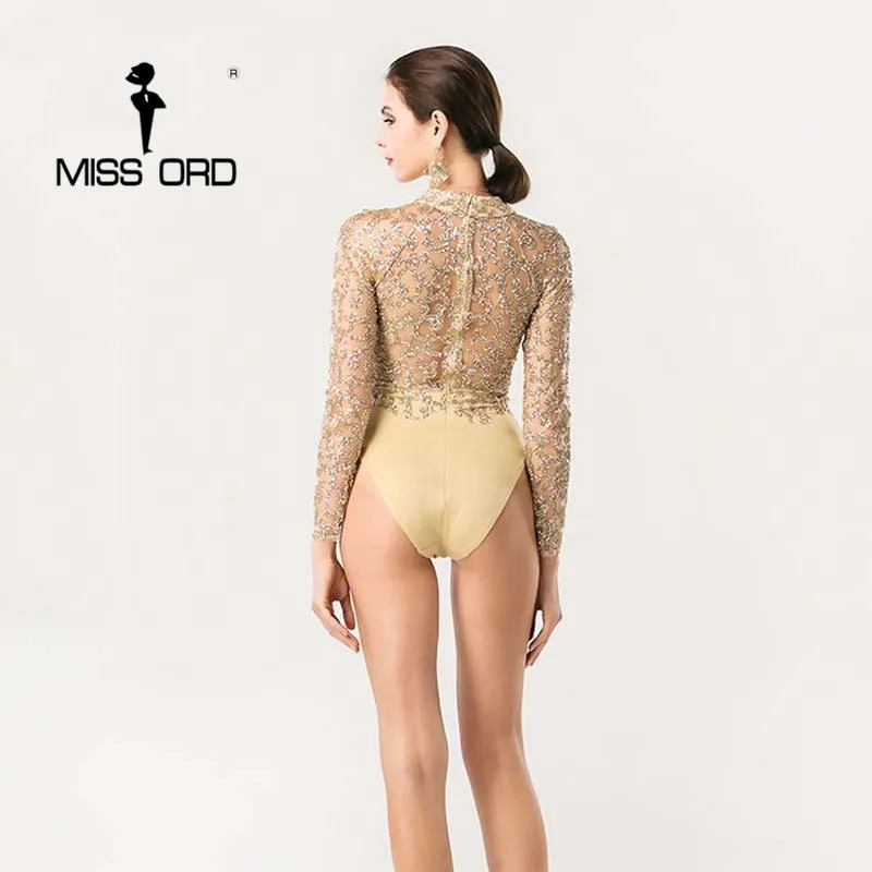 Комбинезон Missord с длинным рукавом и о вырезом блестками FT4384 2020|sequin bodysuit|sequin