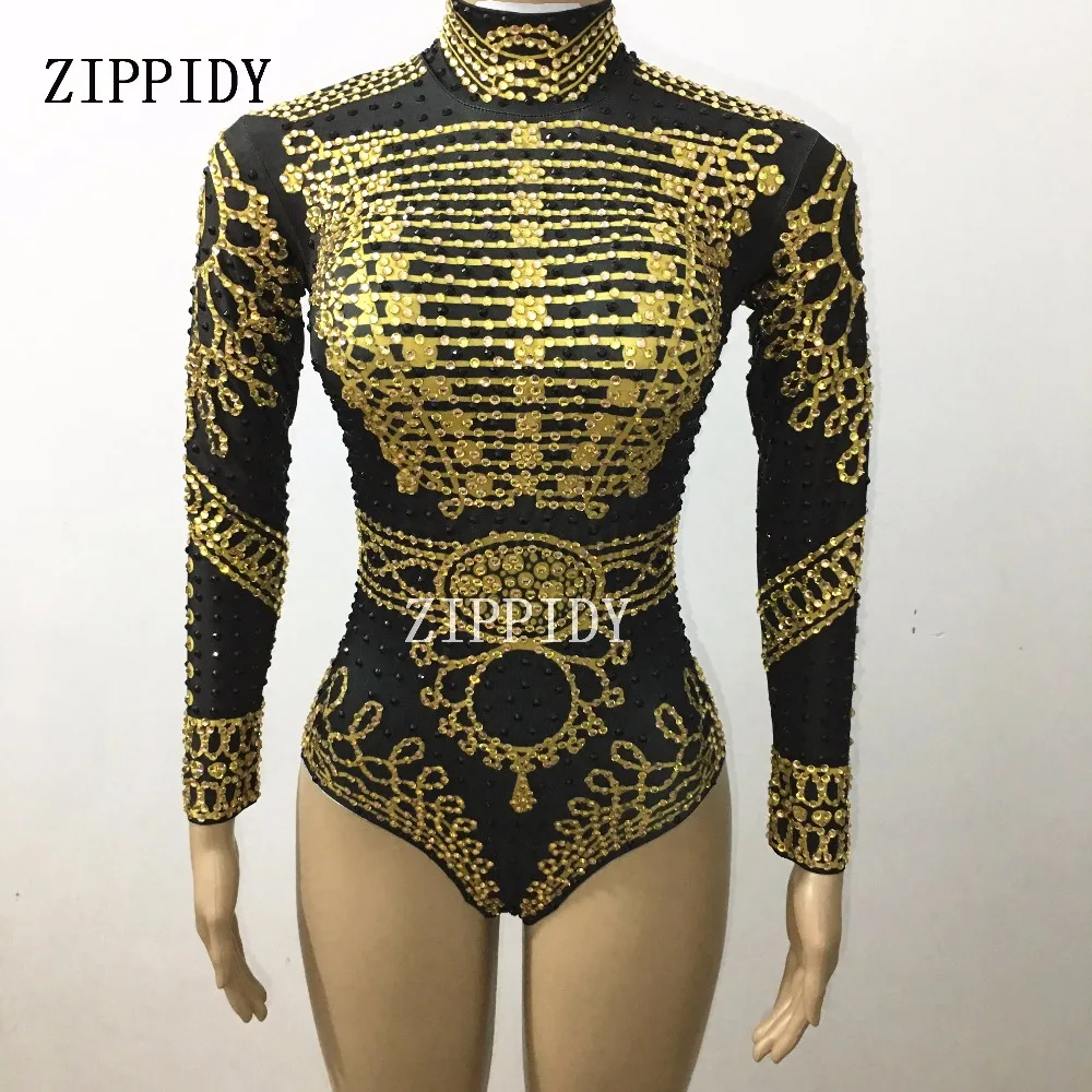 Shining Gold Black Crystals Bodysuit Glisten Rhinestones Costume Nigthclub Performance Party Celebrate Outfit Stage Leotard Wear