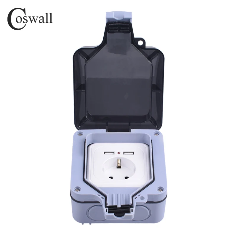 Водонепроницаемая уличная настенная розетка Coswall IP66 16 А с двойным USB портом для