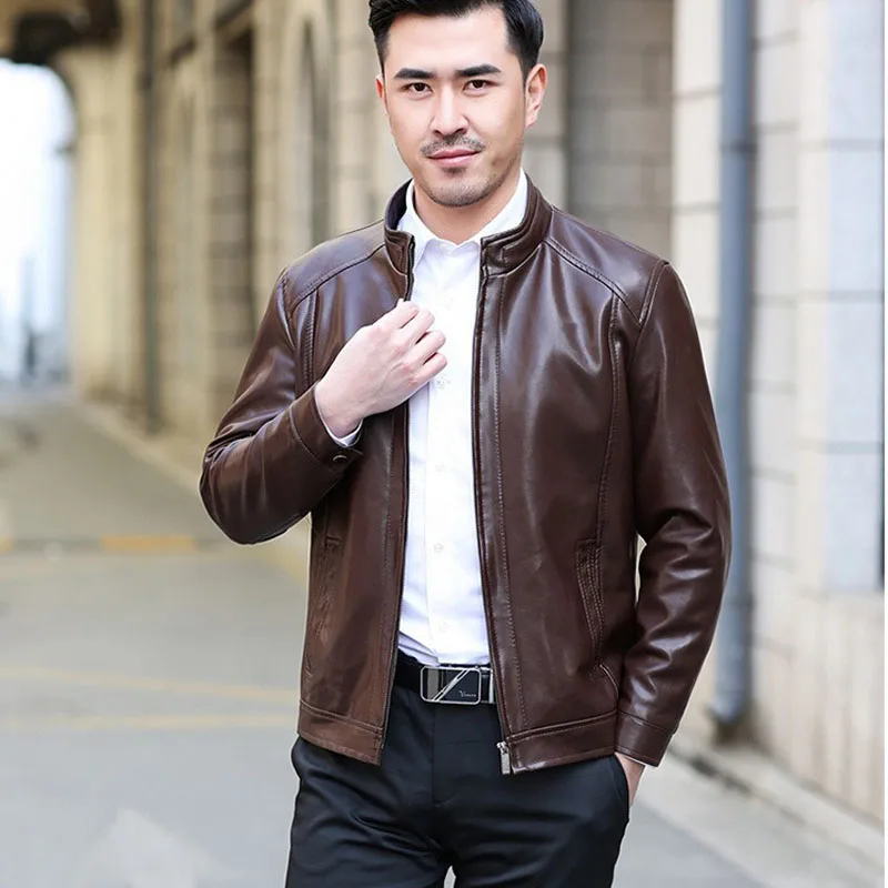 Spring Autumn Motorcycle Leather Jacket Men Slim Fite Zipper PU Men's Jackets Stand Collar | Мужская одежда