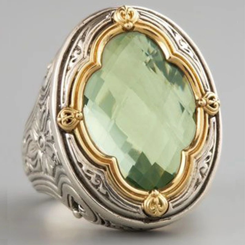 

Vintage Big Green CZ Stone Rings For Men's Jewelry Carved Pattern Finger Ring Femme Masculine Anillos L4T004