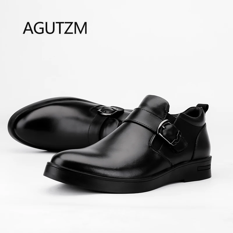 AGUTZM 6629 Autumn Winter Fashion Buckle Soft Comfortable 100% Cow Leather With Warm Plush Men's Ankle Boots Plus Size 35 - 47 | Обувь