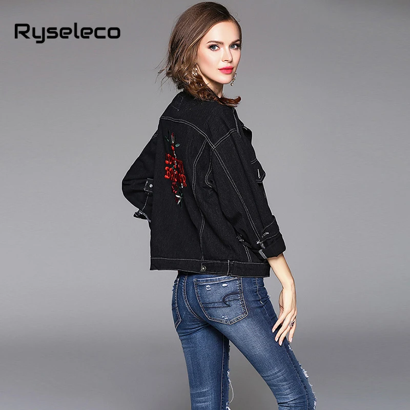 Ryseleco леди Новый стиль личности отверстие Винтаж джинсовая куртка Мода Письмо