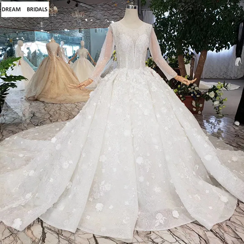 High Quality Ball Gown Luxury Vestido De Noiva 2019 Long Sleeves Heavy Beading Sequined Flowers Wedding Dresses Custom Made