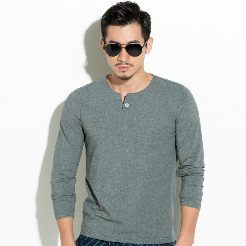 2019 spring and autumn men's long-sleeved shirt Slim O-neck collar button Europe America simple solid color base T-shirt | Мужская