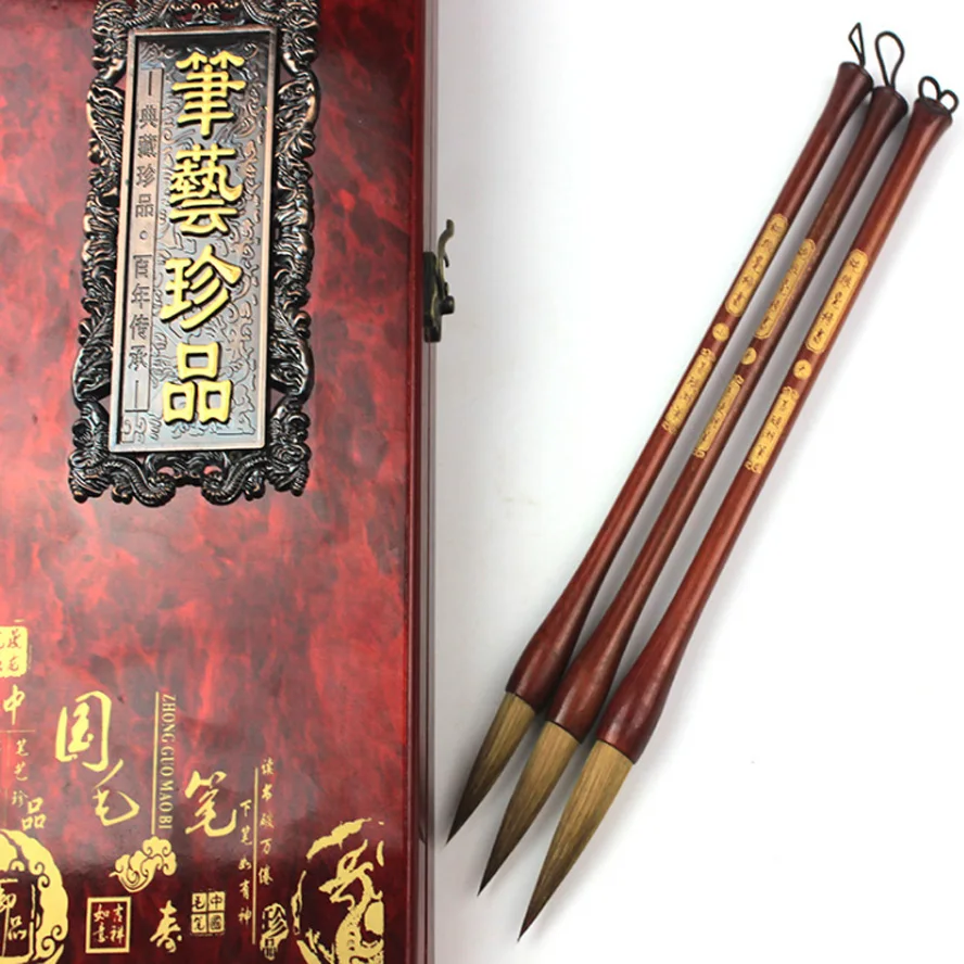 3 pcs/set Chinese Calligraphy Brushes Weasel hair brush for artist painting calligraphy Art supplies gift wooden box | Канцтовары для