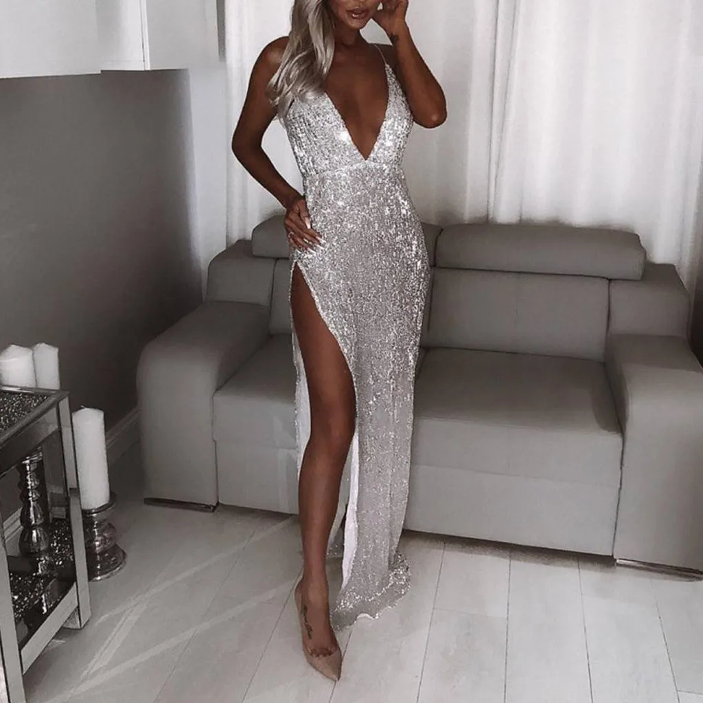Женское вечернее платье длинное с блестками и глубоким вырезом|Женские платья| |