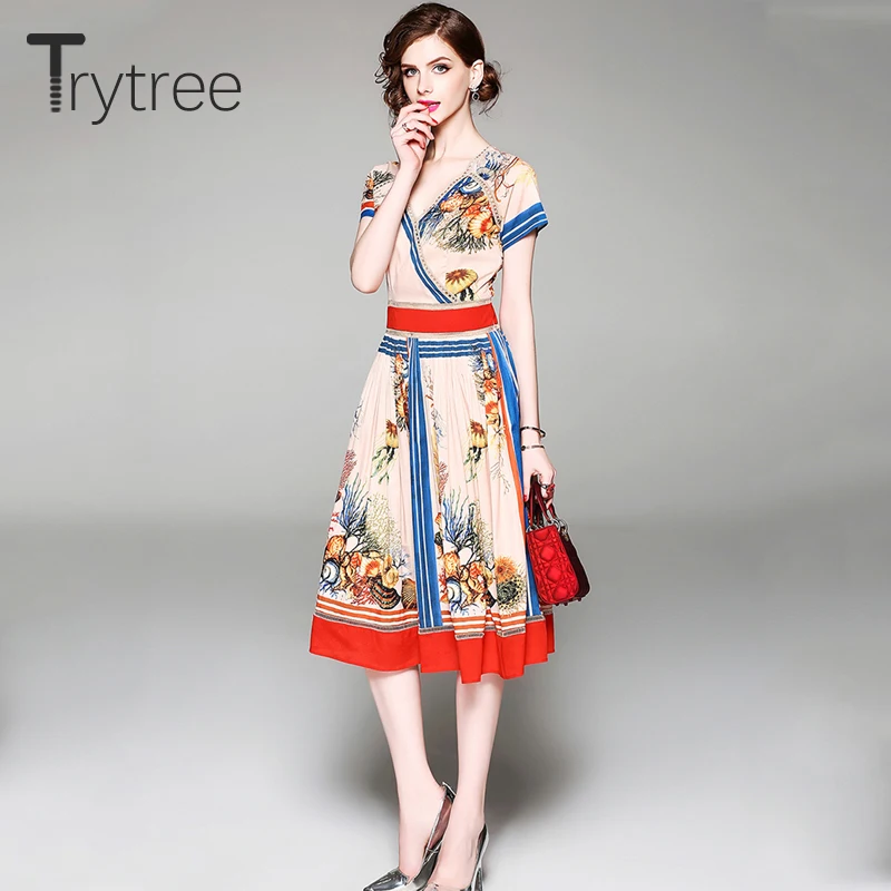 Trytree летнее Повседневное платье с принтом морской жизни женское v образным