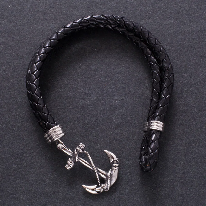 Trendy Male Jewelry Punk Black Braided Leather Bracelet Men Anchor Stainless Steel Clasp Bangles Man Bracalete PW765 | Украшения и