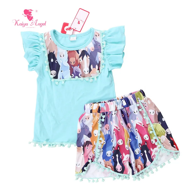 

Kaiya Angel Kids Clothes Colorful Cartoon Horse Children Clothing Sets Mint Fly Sleeve Tee Shirts Shorts Kids Clothing For Sale