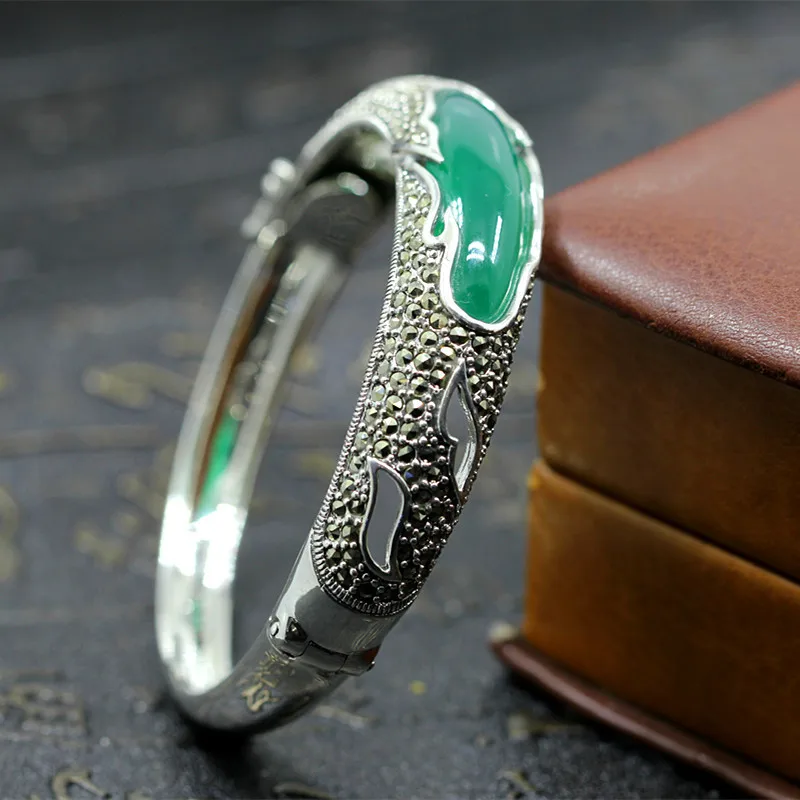 

2018 Real Bangle Items S925 Pure Ornaments Court Wind Restoring Ancient Ways Chrysoprase Openings Bracelet Light And Decoration