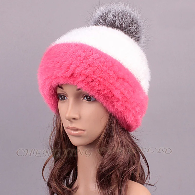 Женская модная шапка из натурального меха норки с помпоном лисьего меха|fashion hat|hat