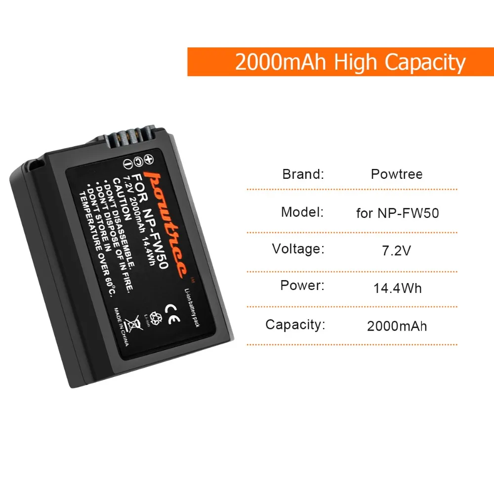Сменный аккумулятор Powtree для камеры Sony 7 2 в 2000 мАч NP FW50 NPFW50 NEX 5T 5R 5TL Alpha a7R 7S a7S a3000 a5000