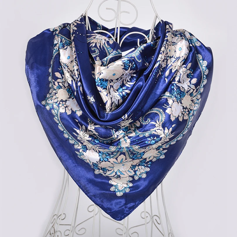 [BYSIFA] White Chinese Roses Women Silk Scarf Shawl 2018 Spring Autumn Satin Large Square Scarves Wraps Navy Blue Pink Grey Red| |