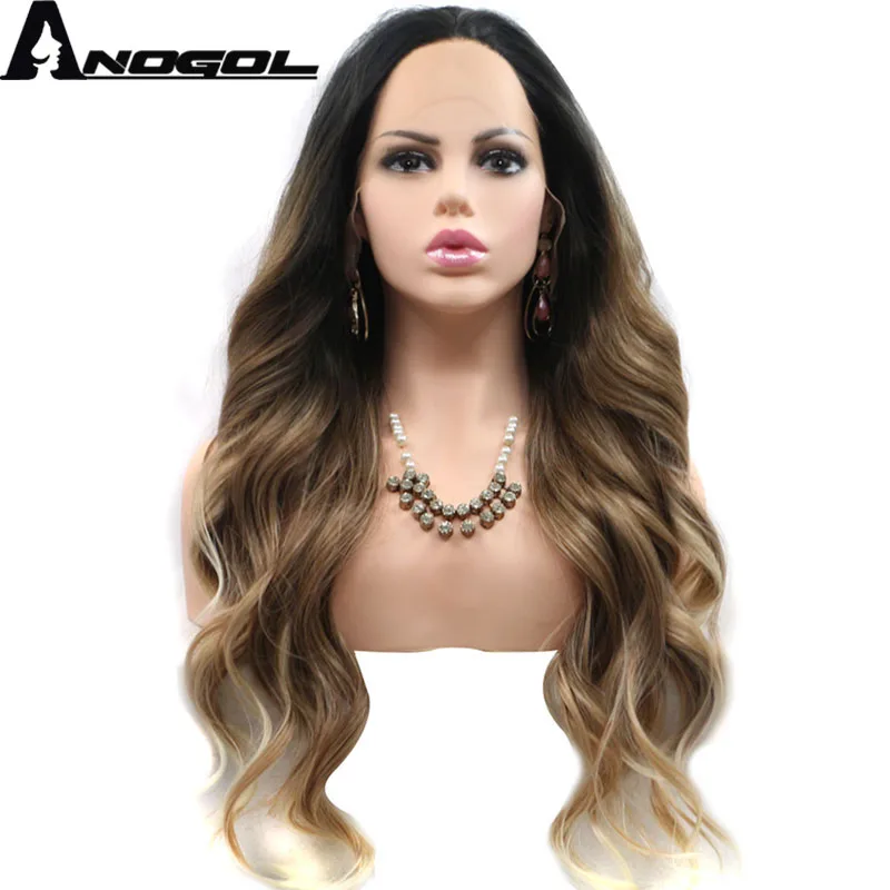 Anogol Black Ombre Brown Synthetic Lace Part Wig with Blonde Tips Long Body Wave Heat Resistant 13*1 Part Lace Wigs for Women