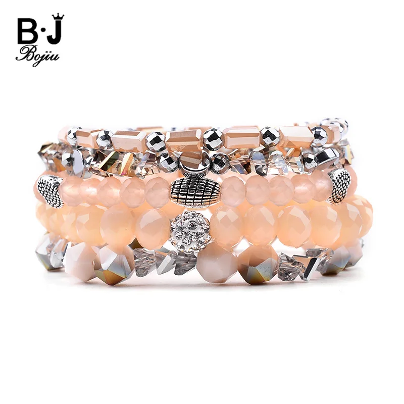 

BOJIU 5 Pcs/Set Multilayer Trendy Women Bracelets Elastic Gray Brown Crystal Silvery Hematite Alloy Copper Bracelet BCSET220