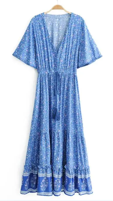 Синий EFIOLY длинное платье из вискозы Boho с цветочным принтом, сексуальные платья хиппи с v-образным вырезом, летнее пляжное женское платье, богемное платье, платья с запахом - Цвет: Синий
