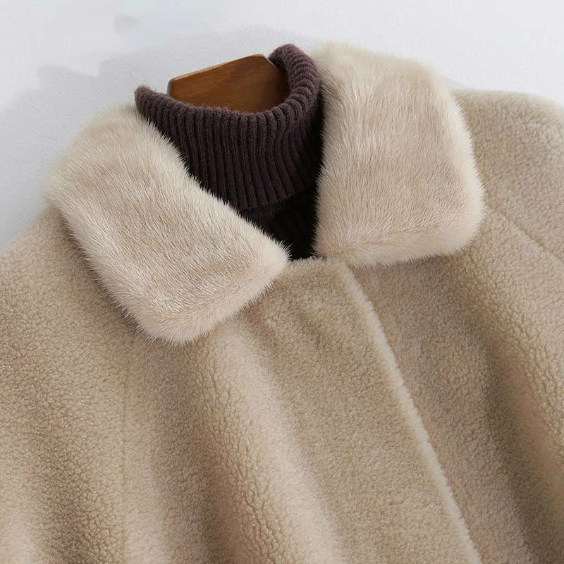 AYUNSUE 2020 Winter Jacket Women Sheep Shearing Coats Thick Real Wool Fur Coat Female Natural Mink Collar Long Outerwear 23121-1 | Женская