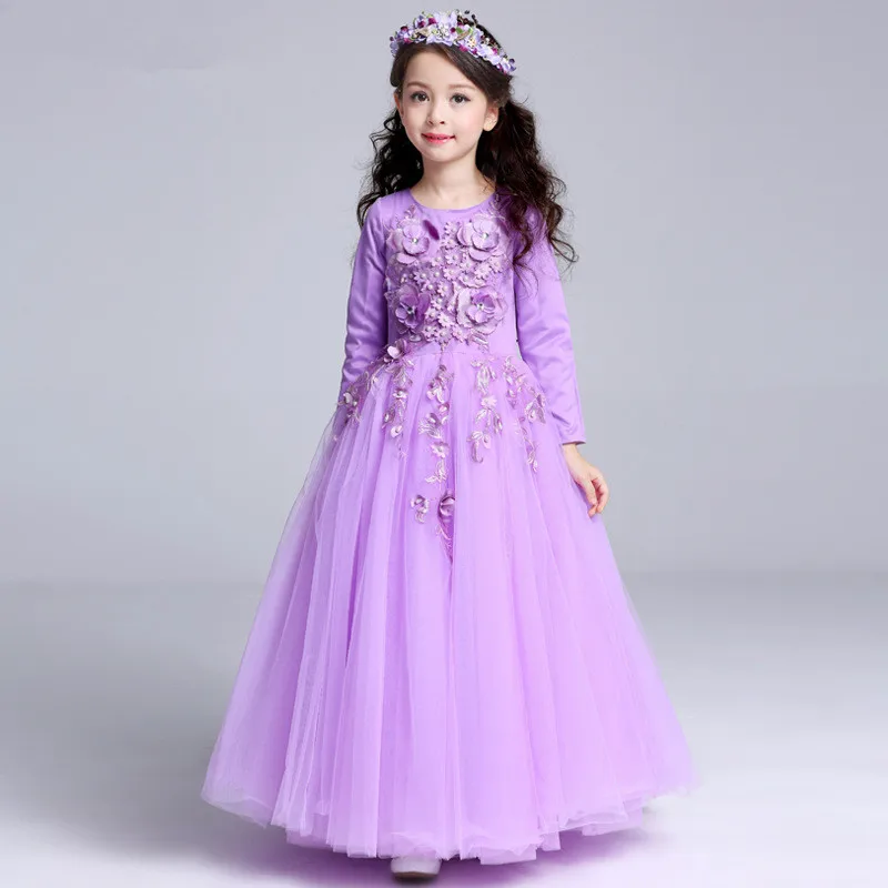 Purple Long Flower Girls Dress European Fancy Girl Princess Costume 2020 Clothes For 4 6 8 10 12 14 Years RKF175001 | Детская одежда и