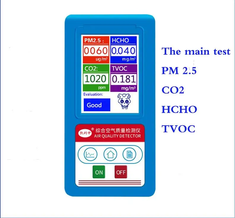 

English menu Gas Analyzer Formaldehyde CO2 Dioxide PM1.0 PM2.5 PM10 HCHO TVOC Detector Particles Monitor Air Quality Analyzer