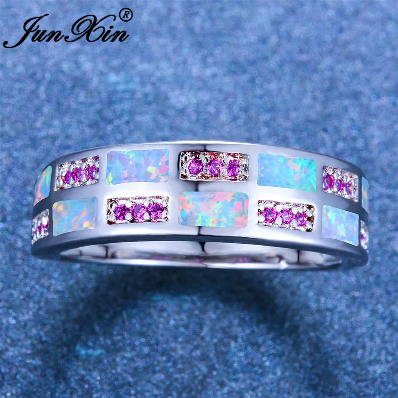 Luxury Blue White Fire Opal Ring Round Wedding Rings For Women Men Silver Color Purple Zircon Engagement Boho Jewelry | Украшения и