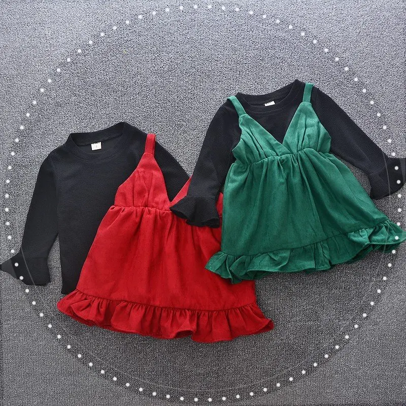 

2 Color Vogue Formal Girls Clothes Suspender Ruched Solid Dresses+Black Flare Sleeve Shirt 2pcs Children Clothes Sets
