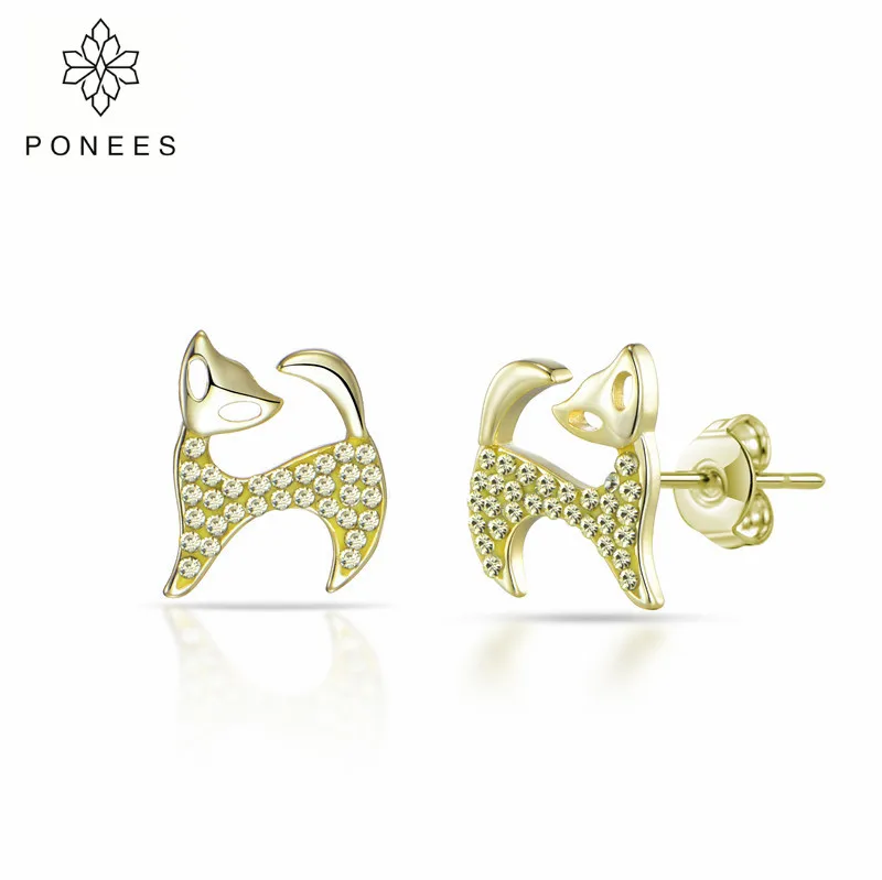 PONEES Elegant Jewelry Gold Color Cute Cat Stud Earrings For Women Brand Fashion Ear Full Of Crystals Gift | Украшения и