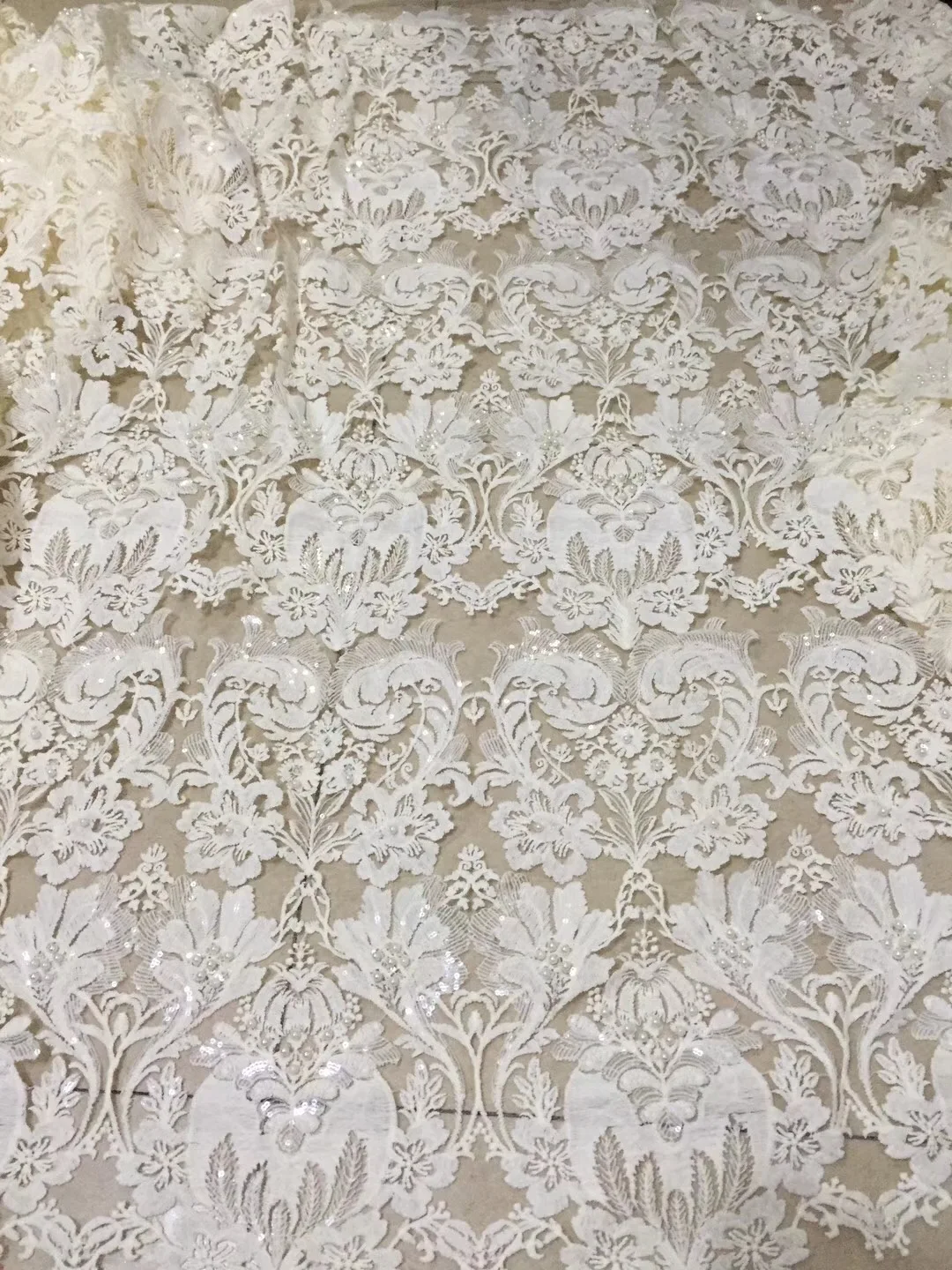 

2018 Embroidery mesh tulLe lace fabric 5yards Embroidery Sequins beaded african lace fabrics wholesale for wedding party KCD2187