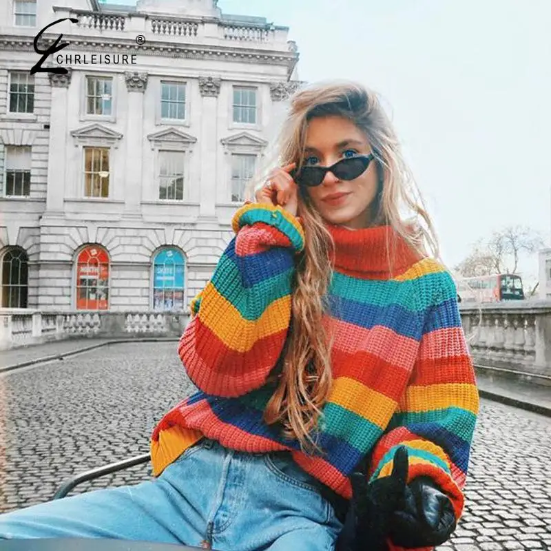 CHRLEISURE Ladies Sweater Rainbow Color Loose High Collar Long-sleeved Knit Autumn And Winter Women's Women | Женская одежда